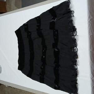 Dolls Kill Widow Gothic Black Sheer Chiffon & Velvet Paneled Midi Skirt w Lace L